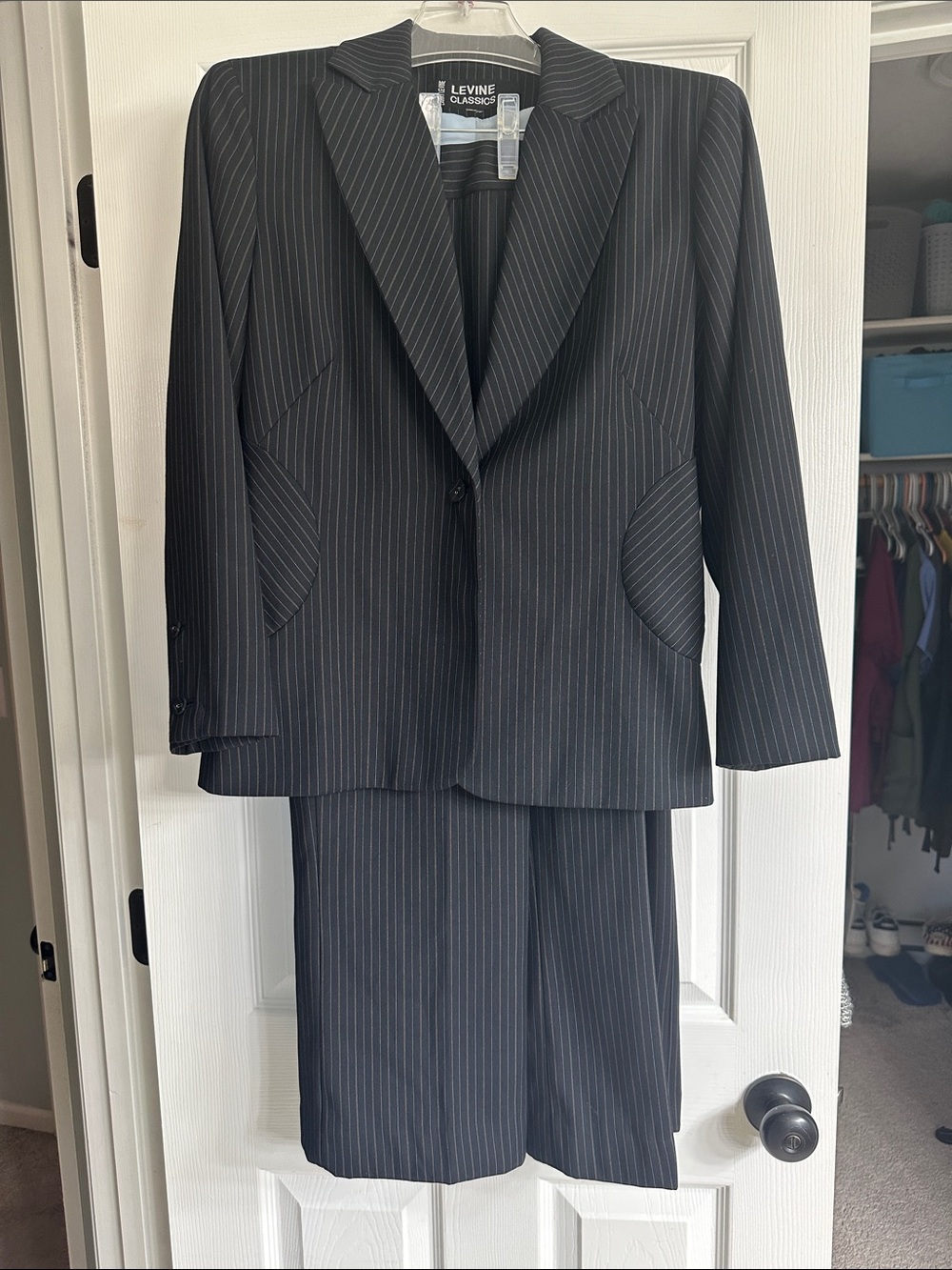 Womens 3 piece Black Pinstripe Suit Blazer, Trousers and skirt.